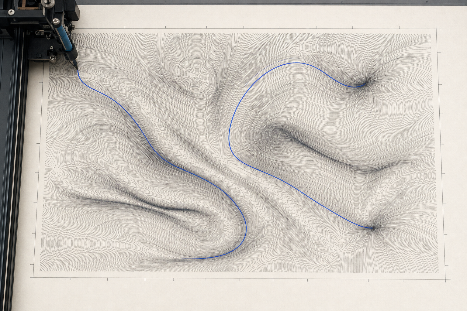 Overhead photograph of a pen-plotter drawing on warm white paper: thousands of fine black ink flow lines forming a swirling vector field, with a single vivid Klein-blue stream weaving through